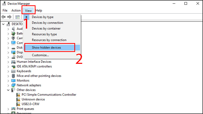 Trong Device Manager, chọn View và Show hidden devices 